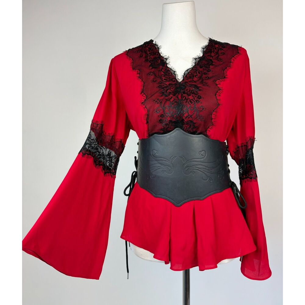 Red Bell Sleeve Vamp Romantic Top M Whimsigoth Fairycore Ren Faire Black Lace